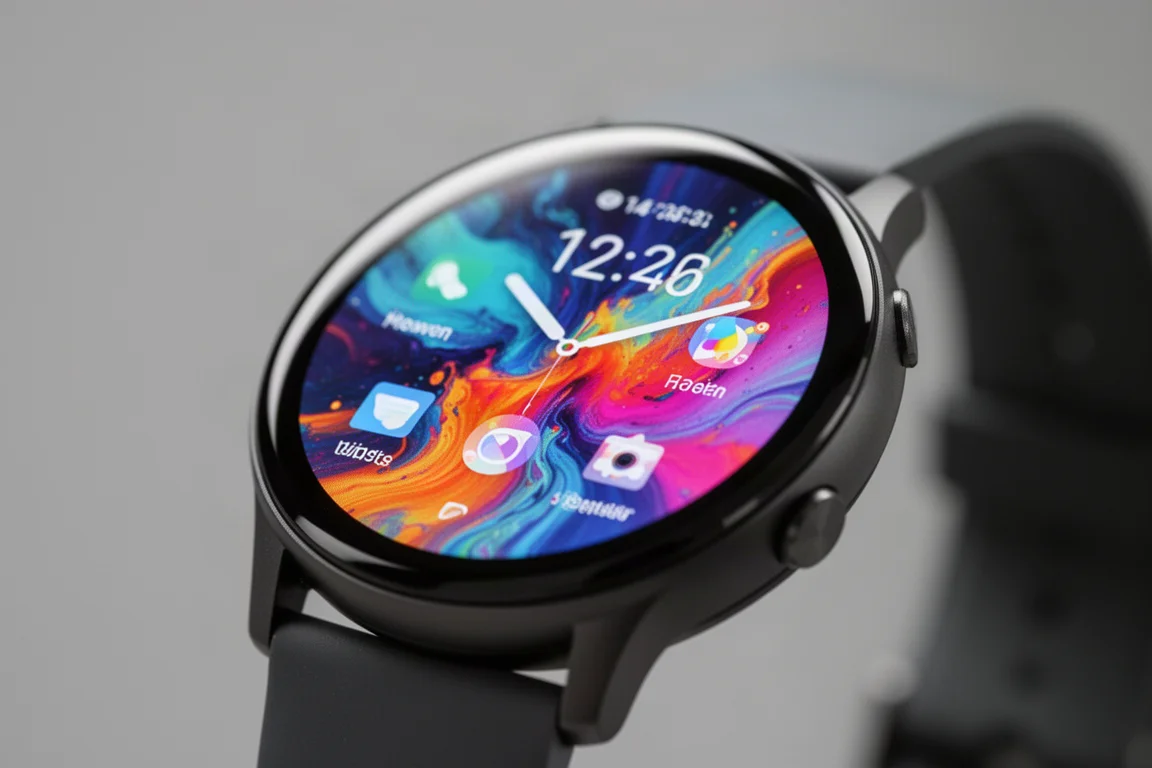 Nahaufnahme eines hellen runden Smartwatch-Displays bei Kunstlicht