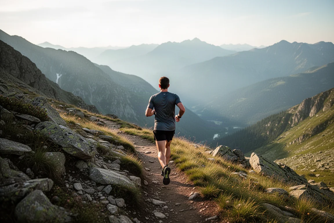 Läufer abwärts auf einem Bergtrail, ruiges Gelände in der Ferne