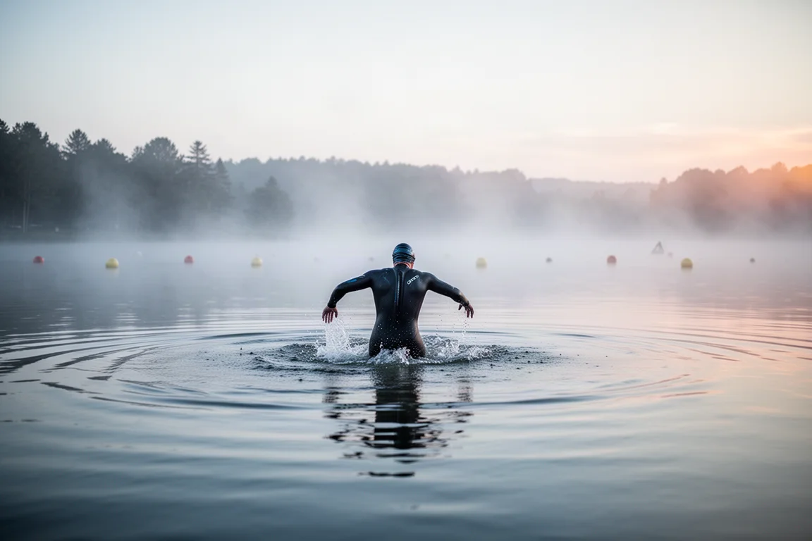 Freiwasserschwimmer im Neoprenanzug betritt ruhiges Wasser am frühen Morgen