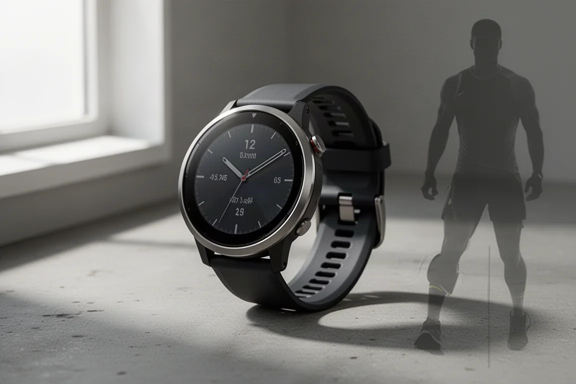 Garmin Forerunner 970 GPS sports watch with round AMOLED display on a concrete surface