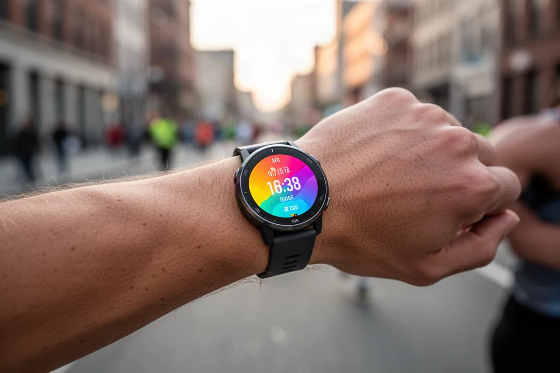 Läufer prüft eine GPS-Uhr am Handgelenk vor einem frühen Morgenlauf in der Stadt
