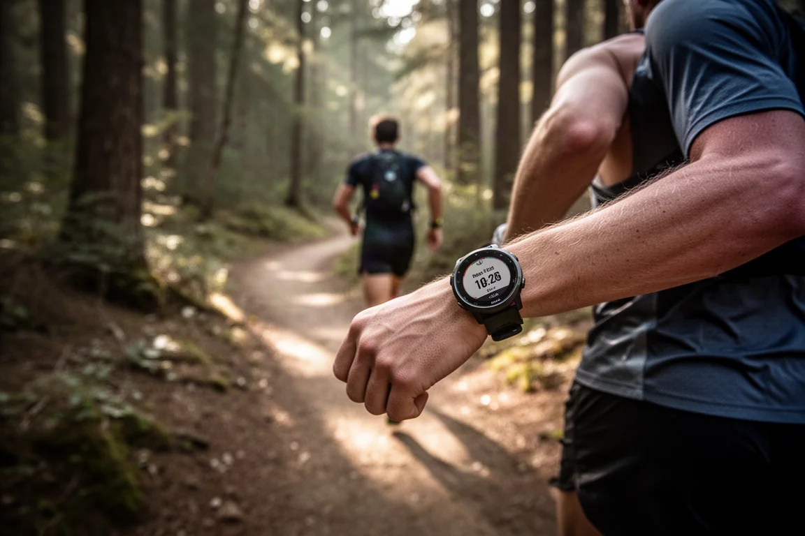 Trailrunner navigiert auf einem gewundenen Waldweg mit einer GPS-Sportuhr