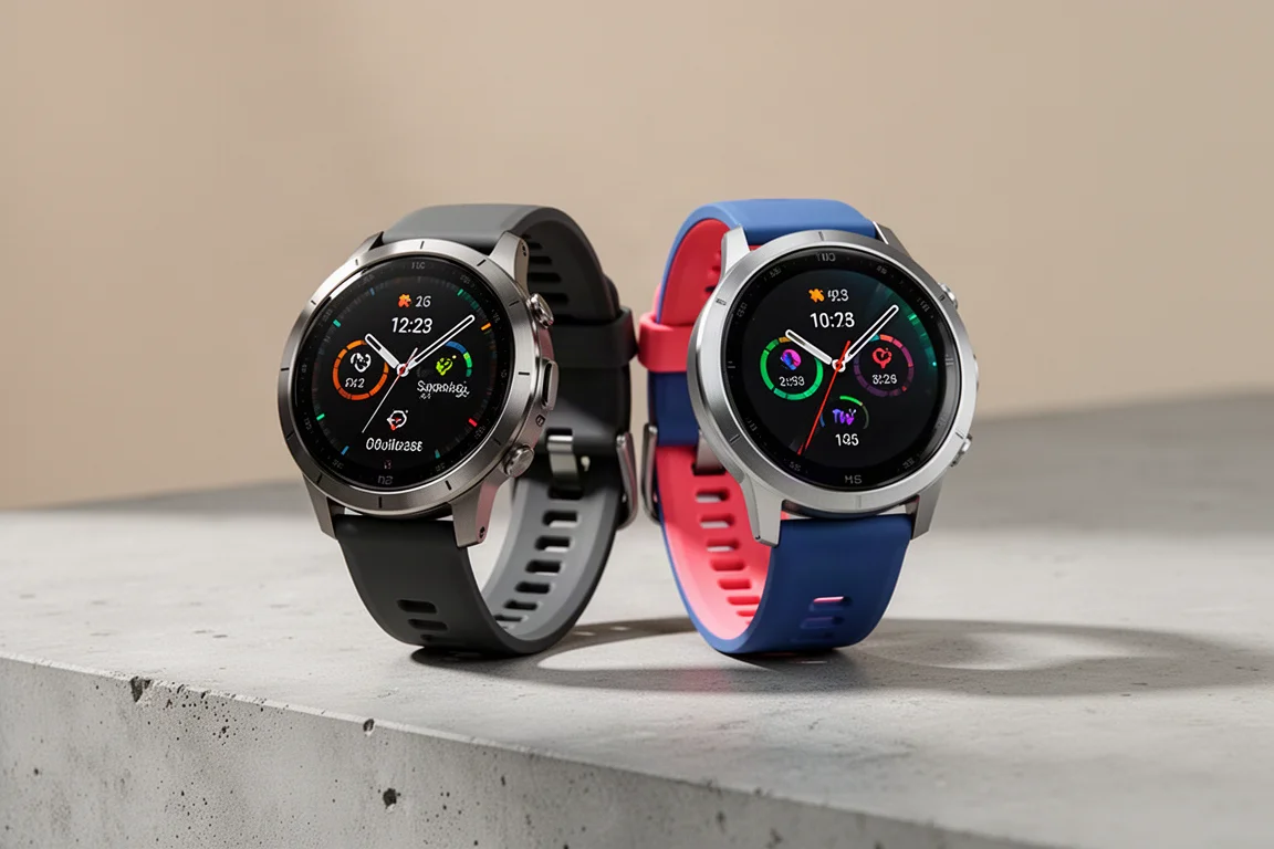 Two Garmin-style GPS running watches side by side on a concrete surface