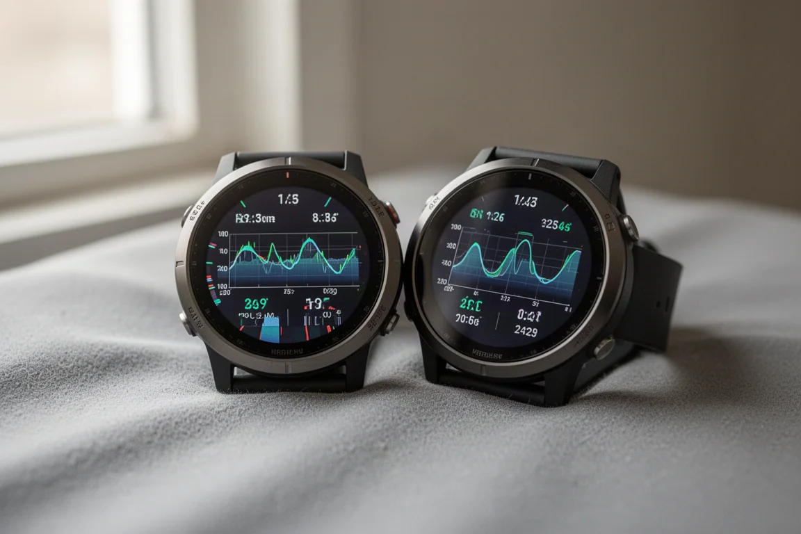 Dos relojes de running de Garmin lado a lado sobre un reposamuñecas, ambas pantallas activas