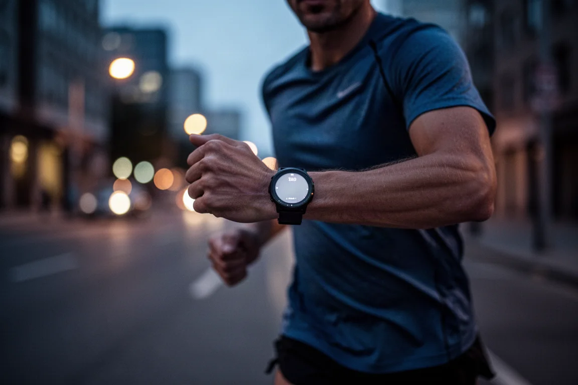Un corredor hace una pausa con un reloj iluminado bajo la tenue luz del atardecer