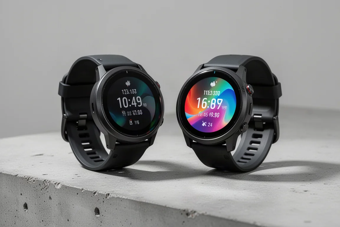 Two Garmin Forerunner running watches side by side on a concrete surface