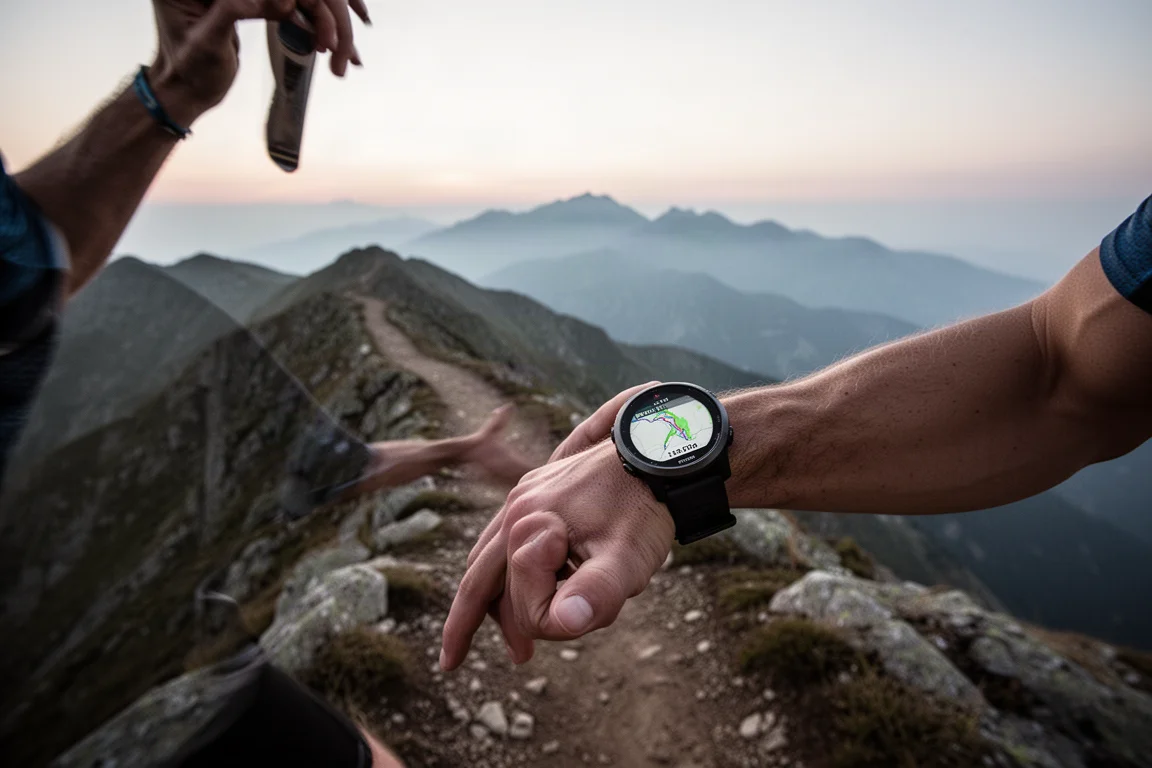 Trailrunner navigiert in der Dämmerung mit einer Uhr durch eine Gebirgsroute