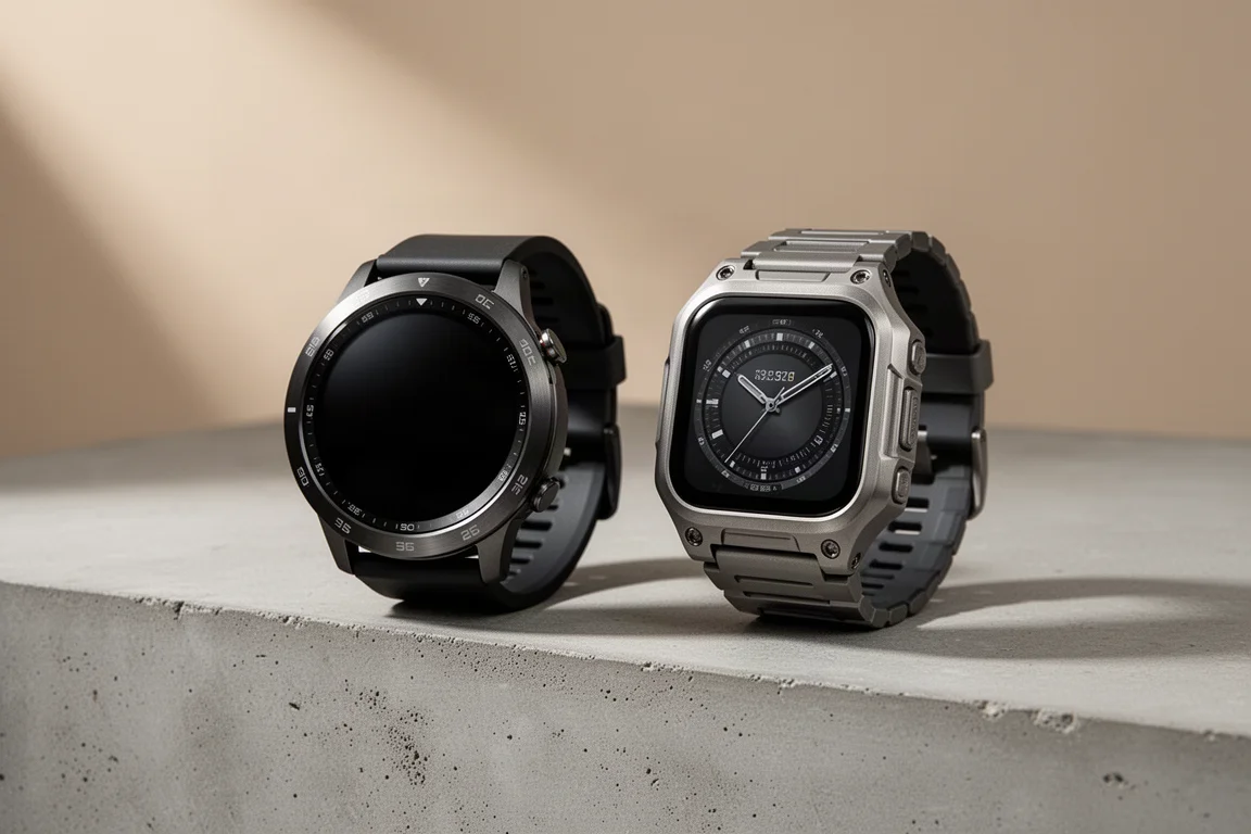 Two premium sports watches, one circular and one square, on a concrete surface