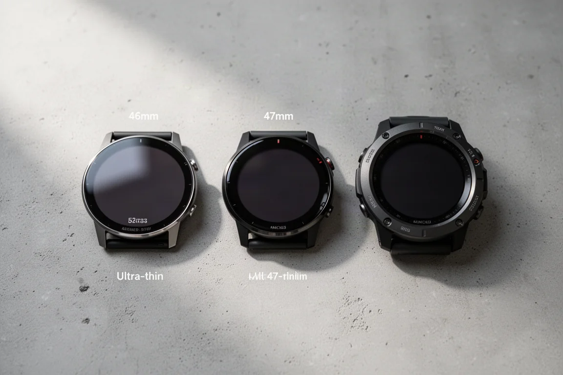 Três smartwatches GPS premium dispostos lado a lado mostrando seus diferentes tamanhos de caixa