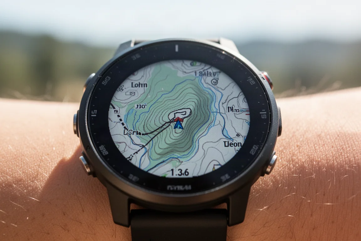 Close-up da tela de um smartwatch GPS mostrando um mapa de navegação sob luz solar direta