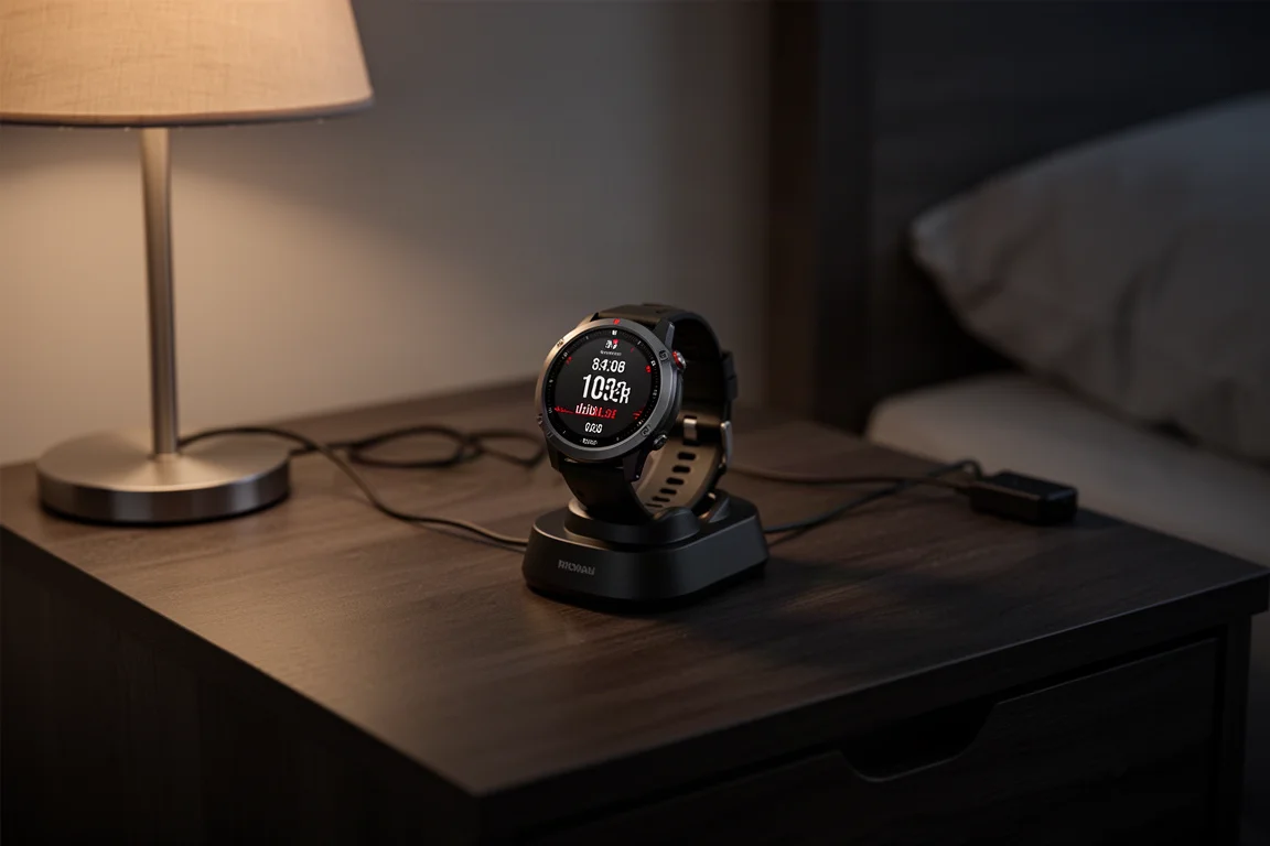 Smartwatch GPS sobre uma mesinha de cabeceira carregando durante a noite ao lado de uma luz apagada