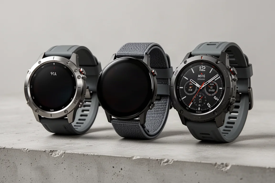 Drei Premium-Garmin-GPS-Uhren nebeneinander, die ihre unterschiedlichen Größen und Designs zeigen