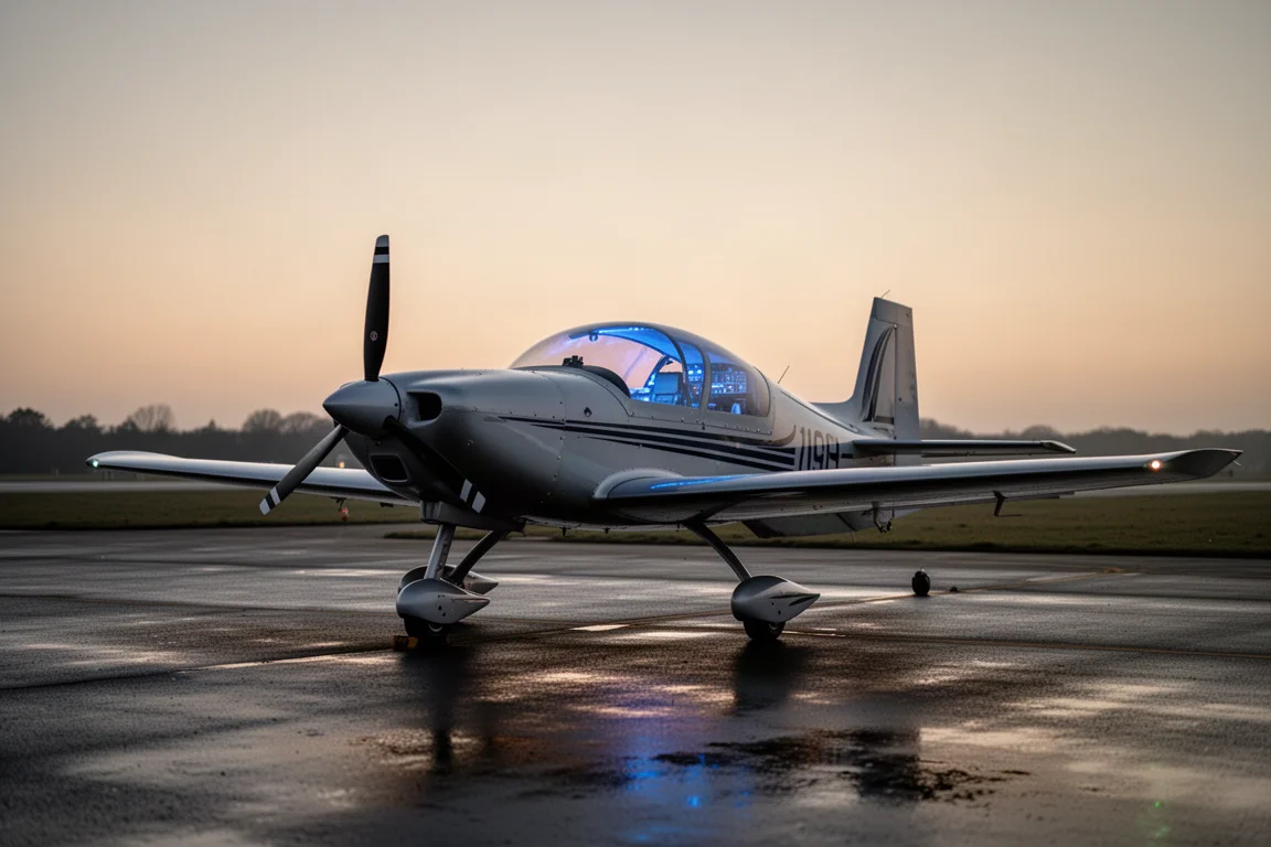 Aeronave no pátio ao entardecer com o brilho do painel visível pela bolha