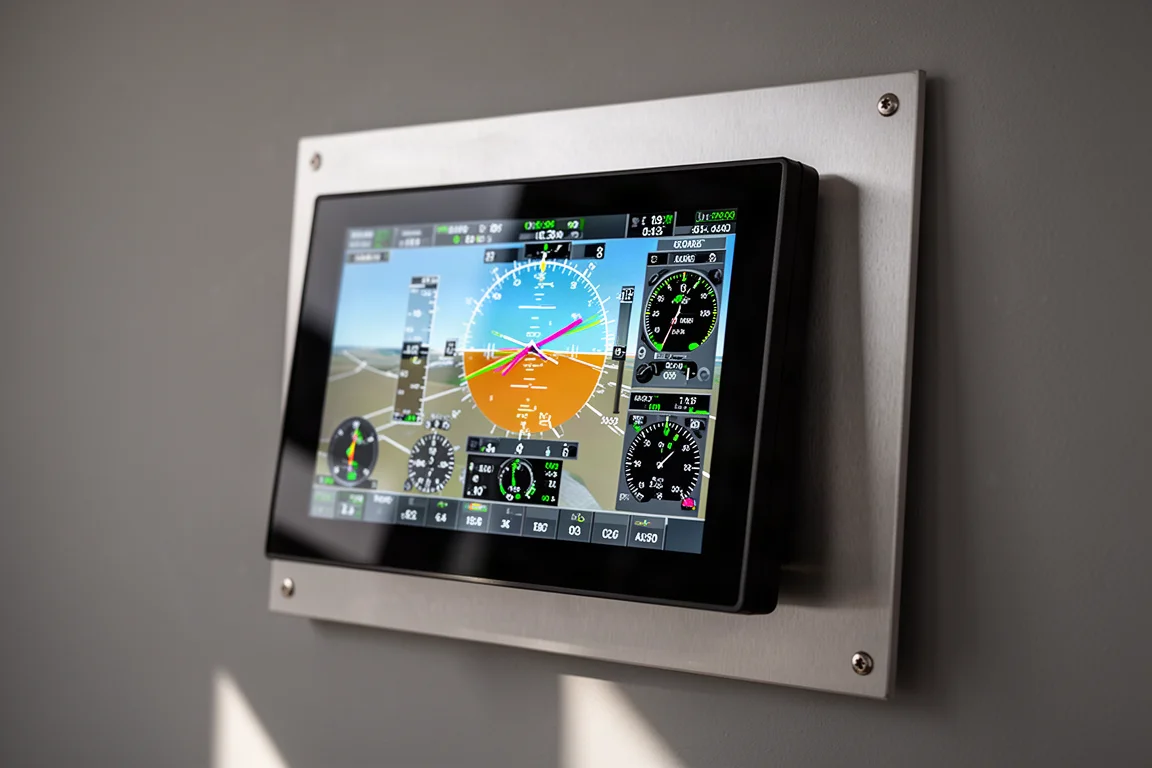 Flat-panel glass avionics touchscreen display mounted on a brushed aluminium aircraft panel