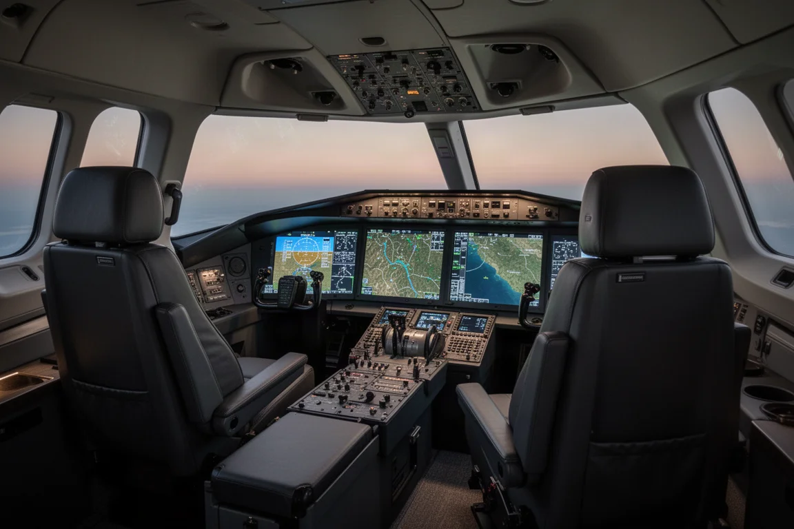 Modernes Glass-Cockpit mit großen Displays im Flugzeugcockpit eines Businessjets