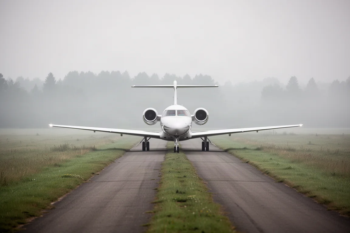 Businessjet auf einer kurzen Landebahn auf dem Land unter bedecktem Himmel