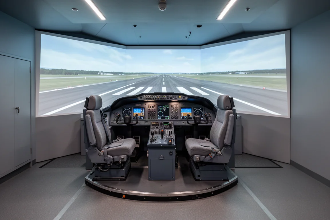 Vollbewegungsflugsimulator mit realistischen Cockpit-Visuals außerhalb der Fenster