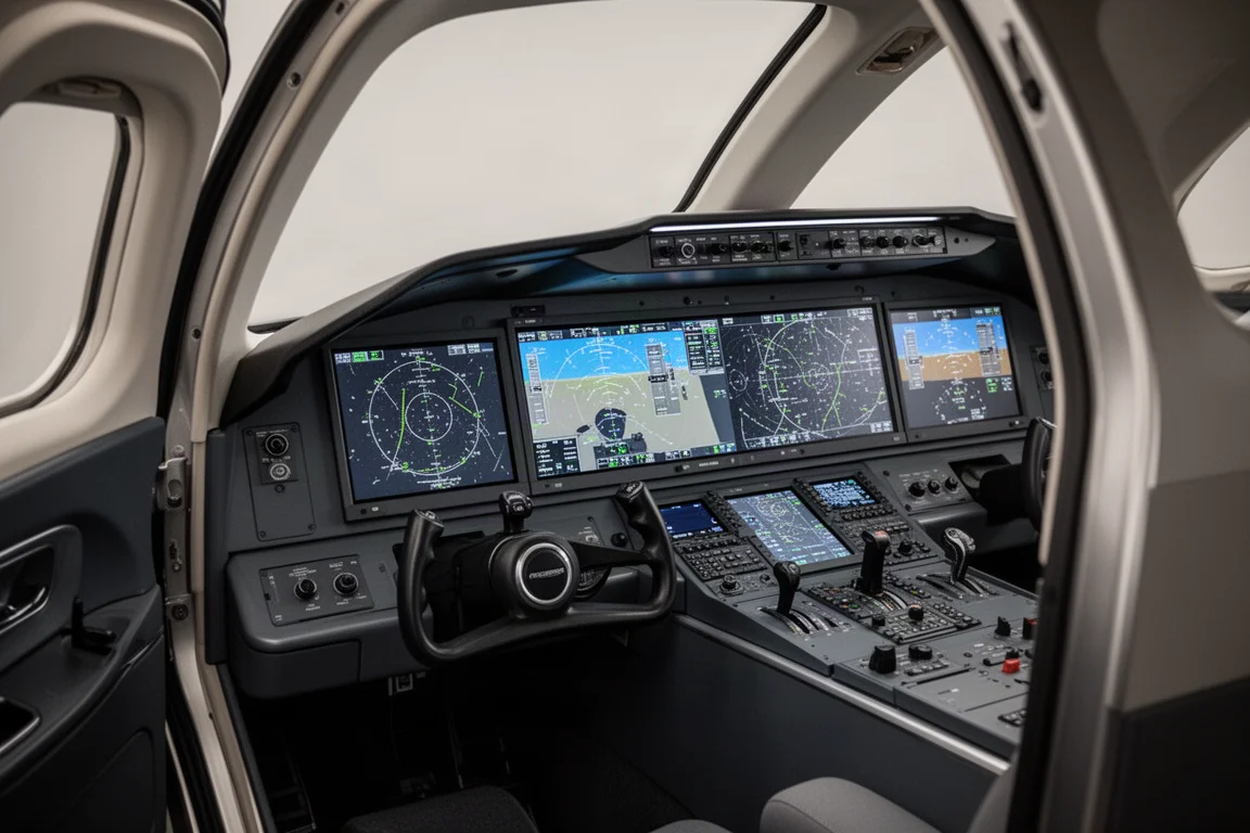 Modern glass flight deck display suite in a business jet cockpit