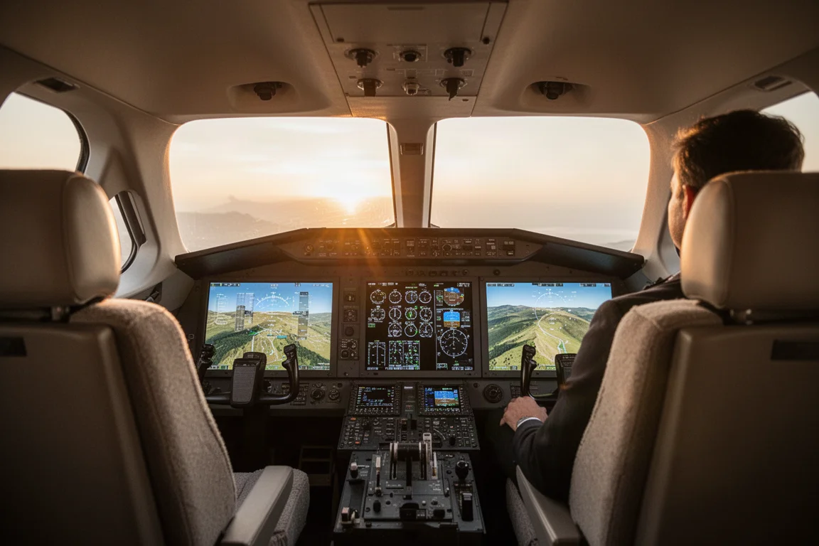 Pilot siedzący przy nowoczesnym szklanym kokpicie z dużymi panelami wyświetlaczy