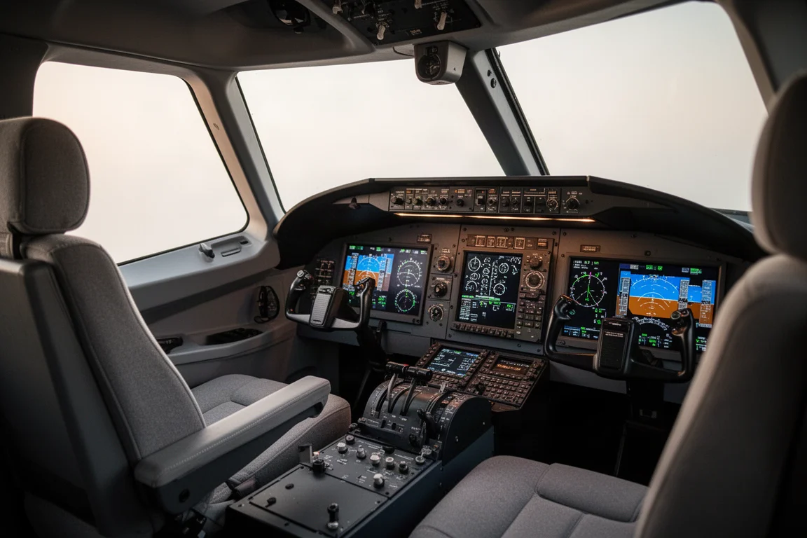 Turboprop-Cockpit mit modernen Avionik-Panels im weichen Tageslicht