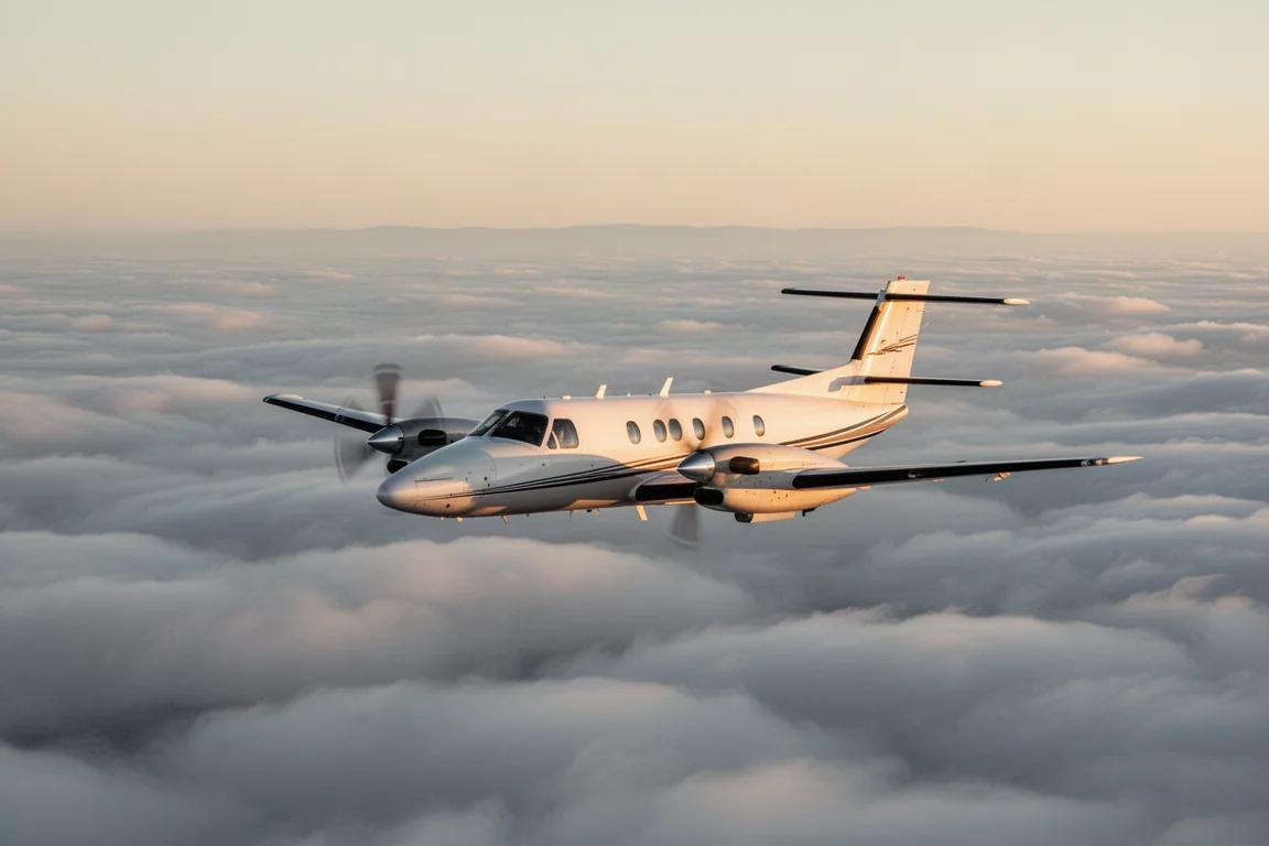 Flugzeug steigt über einer Wolkendecke auf, ruhiges Morgendämmerungslicht