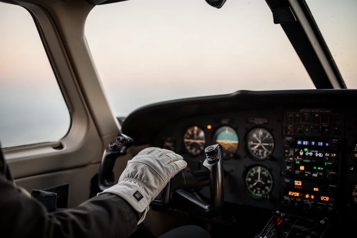 Hand des Piloten ruhend neben Cockpit-Instrumenten während eines stabilen Flugs