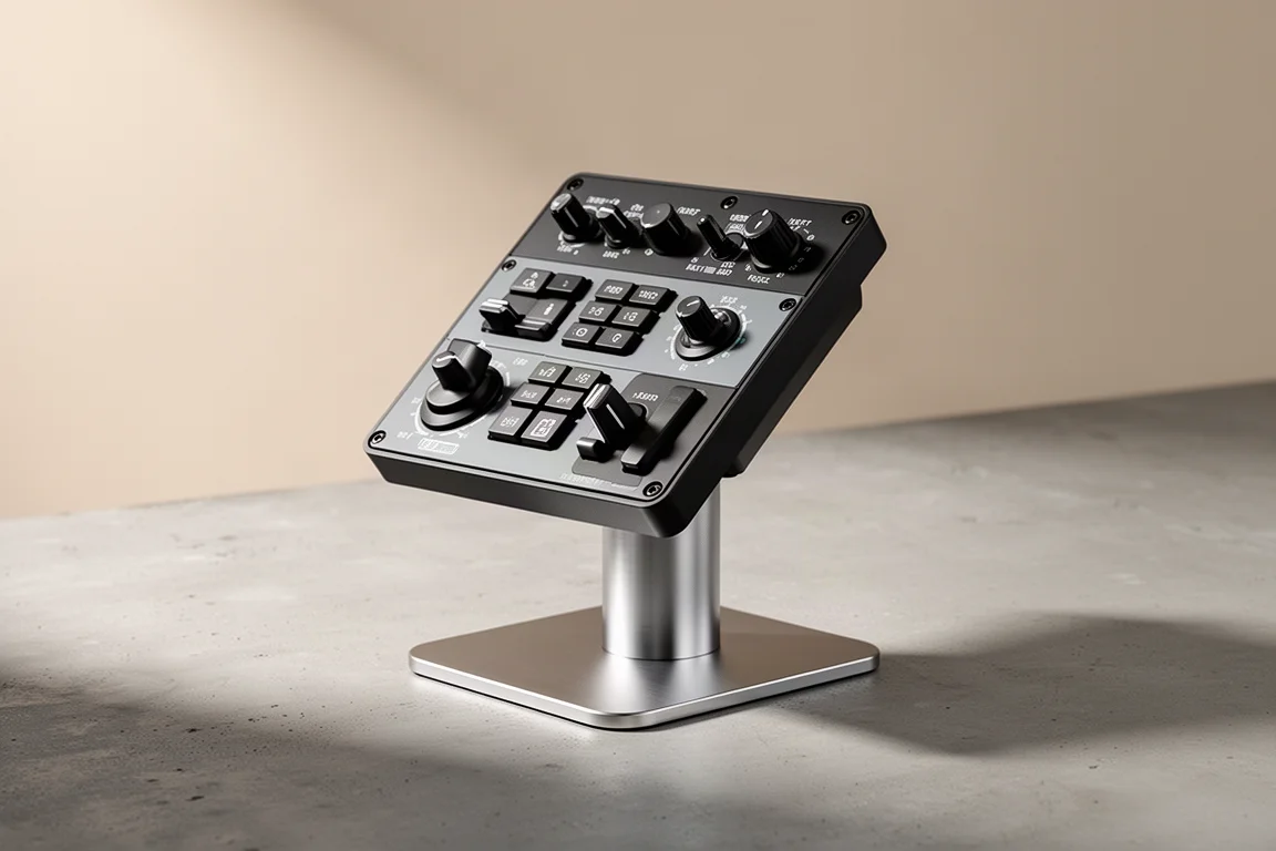 Modern autopilot control panel on a brushed aluminium stand
