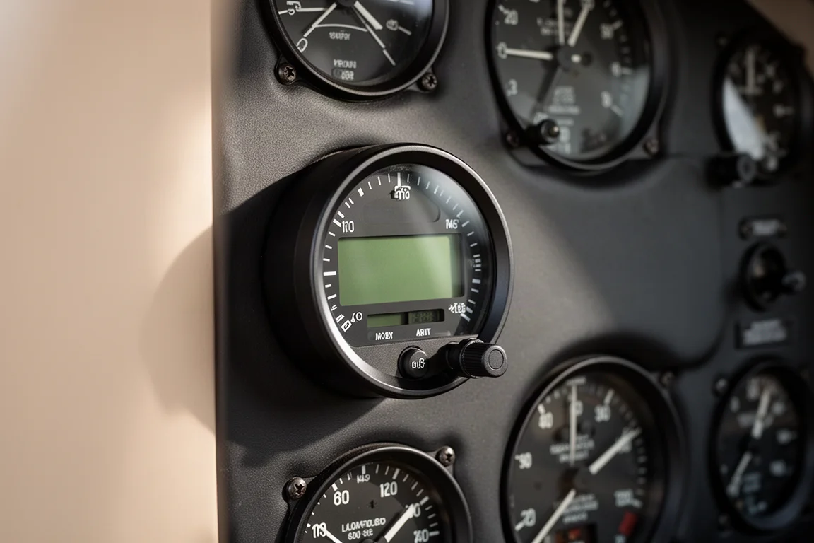 Compact round digital flight instrument mounted in a vintage aircraft panel