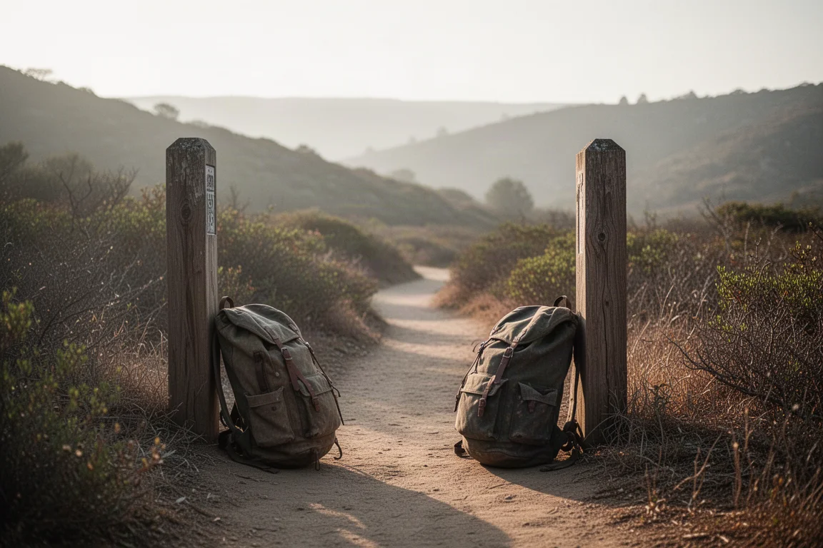 Hiker's trail through dry hills with a backpack resting against a wooden post in morning light