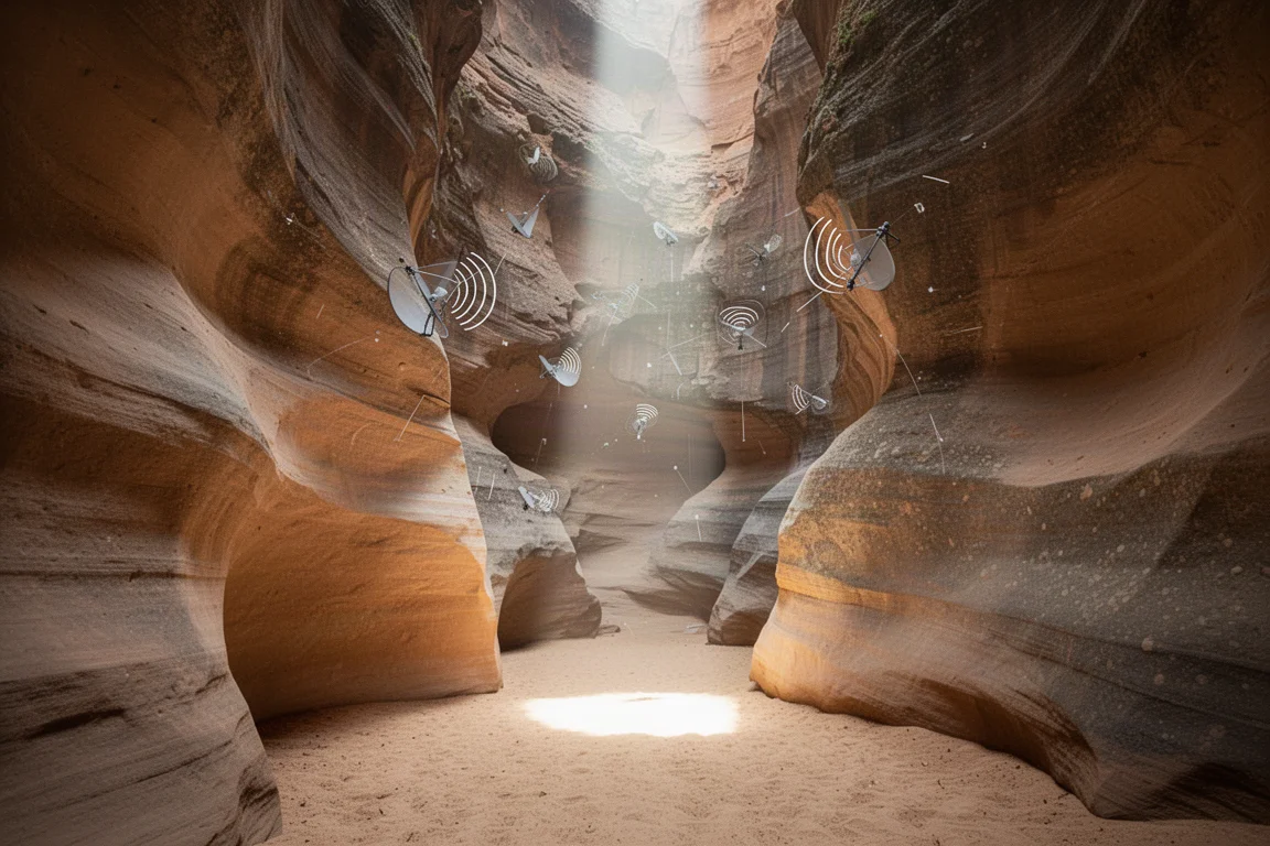 Narrow sandstone slot canyon with a shaft of daylight falling on the sandy floor