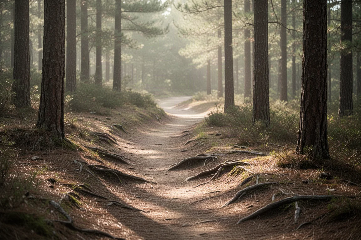 Single-track trail curving through a pine forest with dappled midday sunlight
