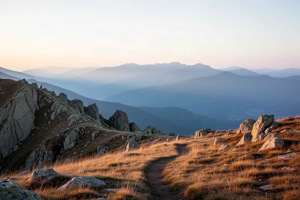 Layered mountain ridges at dawn seen from a rocky ridge with a faint trail in the foreground