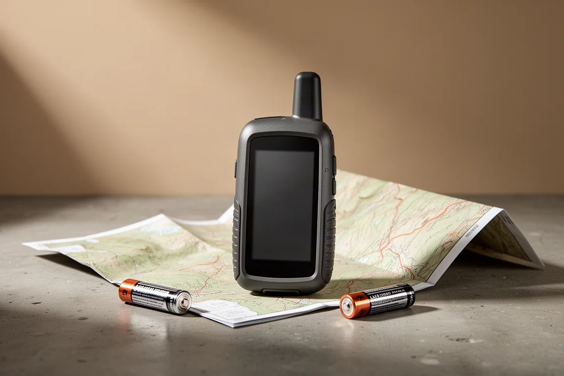 Rugged handheld GPS receiver with antenna and rubberized grip on a concrete surface