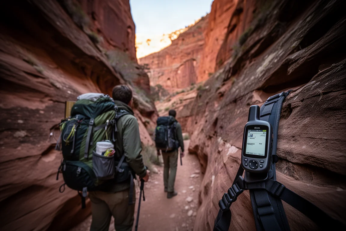 Wanderer macht Pause auf einem schmalen Sandstein-Canyon-Trail mit hohen Felswänden auf beiden Seiten