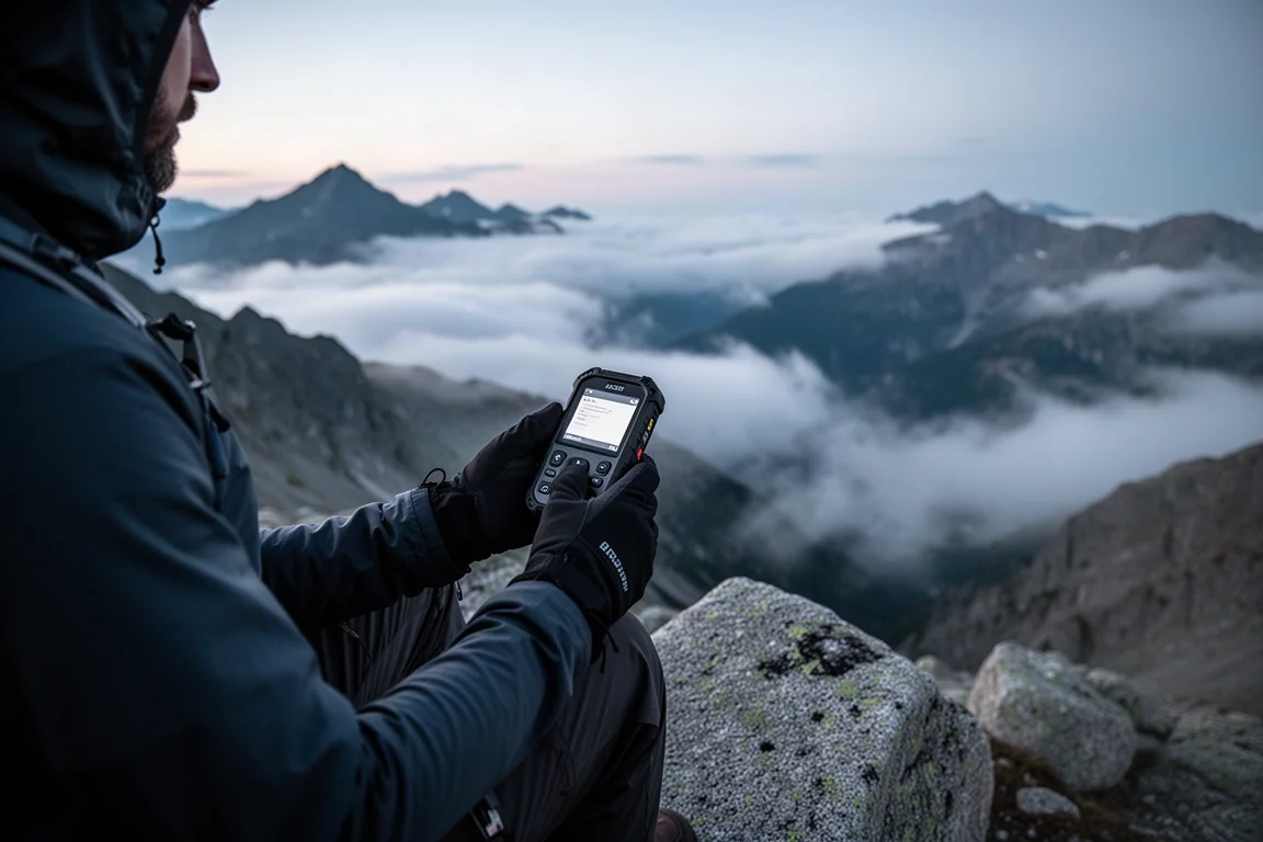 Abgelegener alpiner Grat in der Dämmerung, ein Wanderer prüft den Bildschirm eines Handheld-Geräts