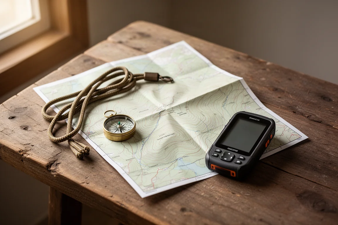 Draufsicht auf eine topografische Karte, Kompass, Lanyard und Handheld-GPS auf Holz