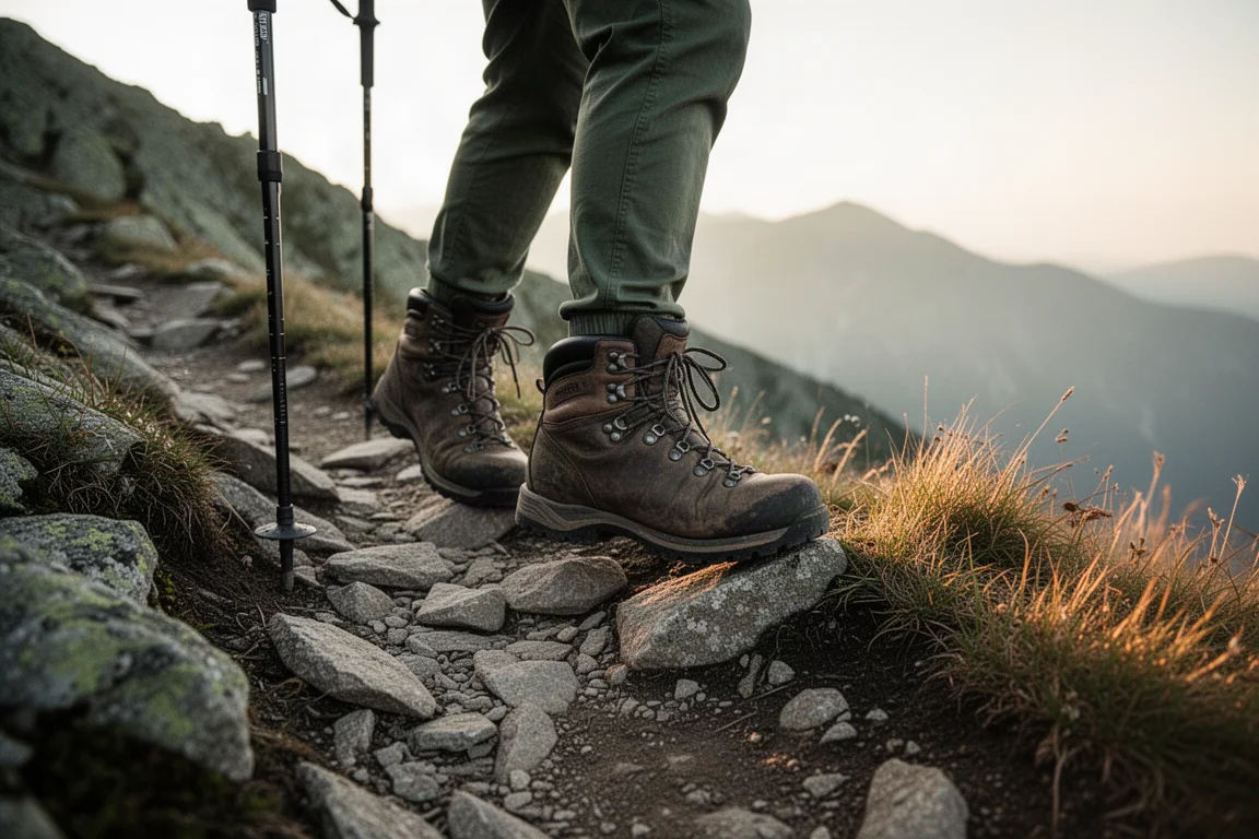 Wanderstiefel auf einem felsigen Serpentinenweg, ferne Bergkämme im Dunst