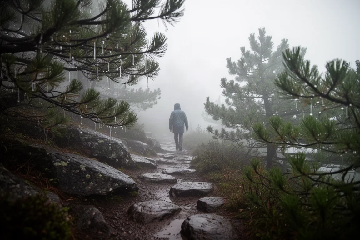 Rotsachtig uitzichtpunt in koude mist met regen boven een met wolken gevulde canyonvallei