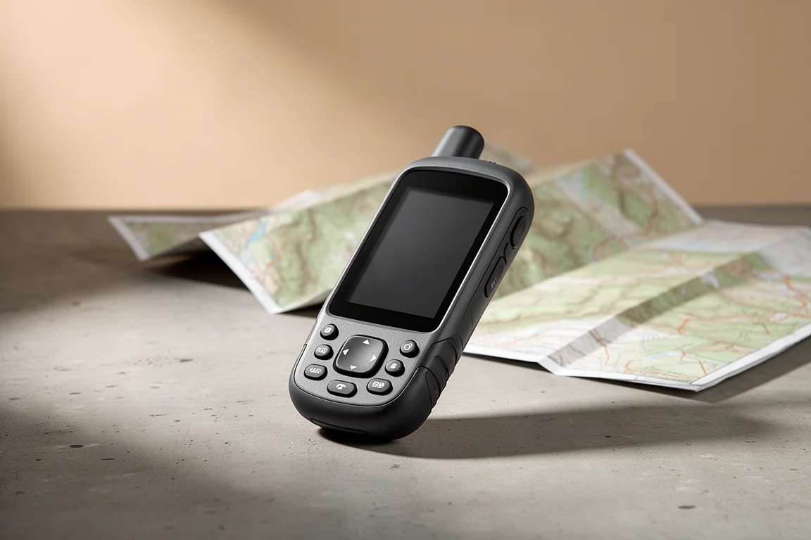 Rugged charcoal handheld GPS navigator on concrete with a folded topographic map behind it
