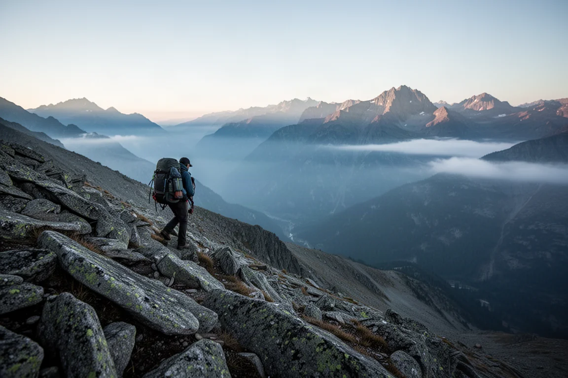 Klippig alpängsrygg i gryningsljus med en avlägsen silhuett av en vandrare på leden