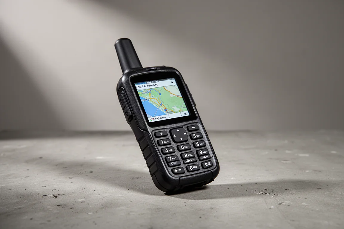 Rugged handheld GPS device with vertical antenna standing on a concrete surface