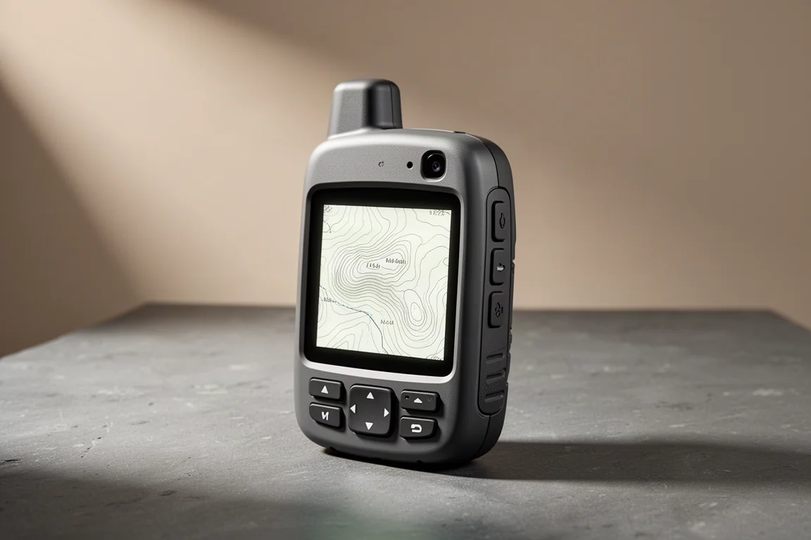 Navigatore GPS palmare robusto con corpo scuro e schermo mappa su superficie in cemento