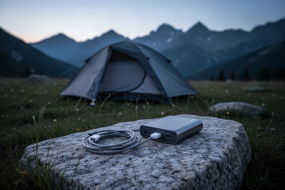 夜のテントの中でモバイルバッテリーから充電されるハンドヘルドGPS