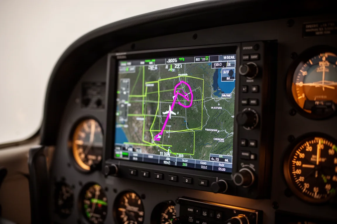 Touchscreen avionics navigator glowing in a dark aircraft instrument panel