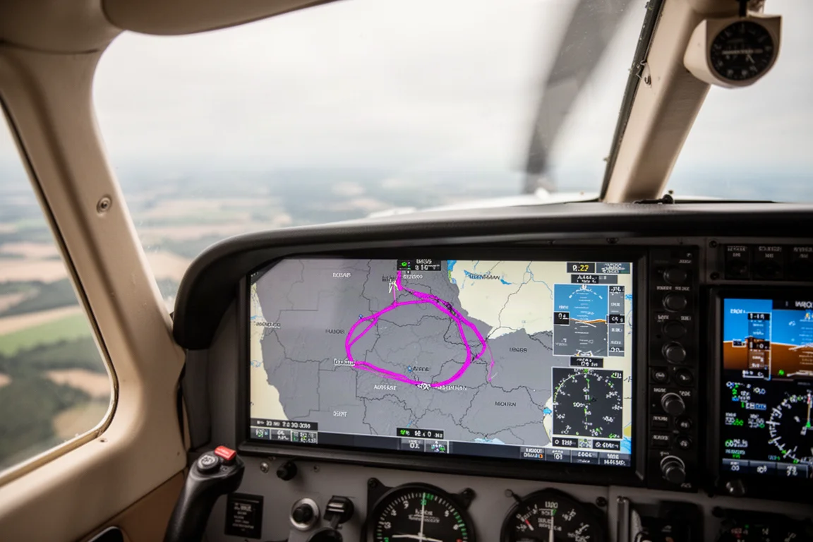 Pilot plotting a route on an aviation moving map during a cross-country flight