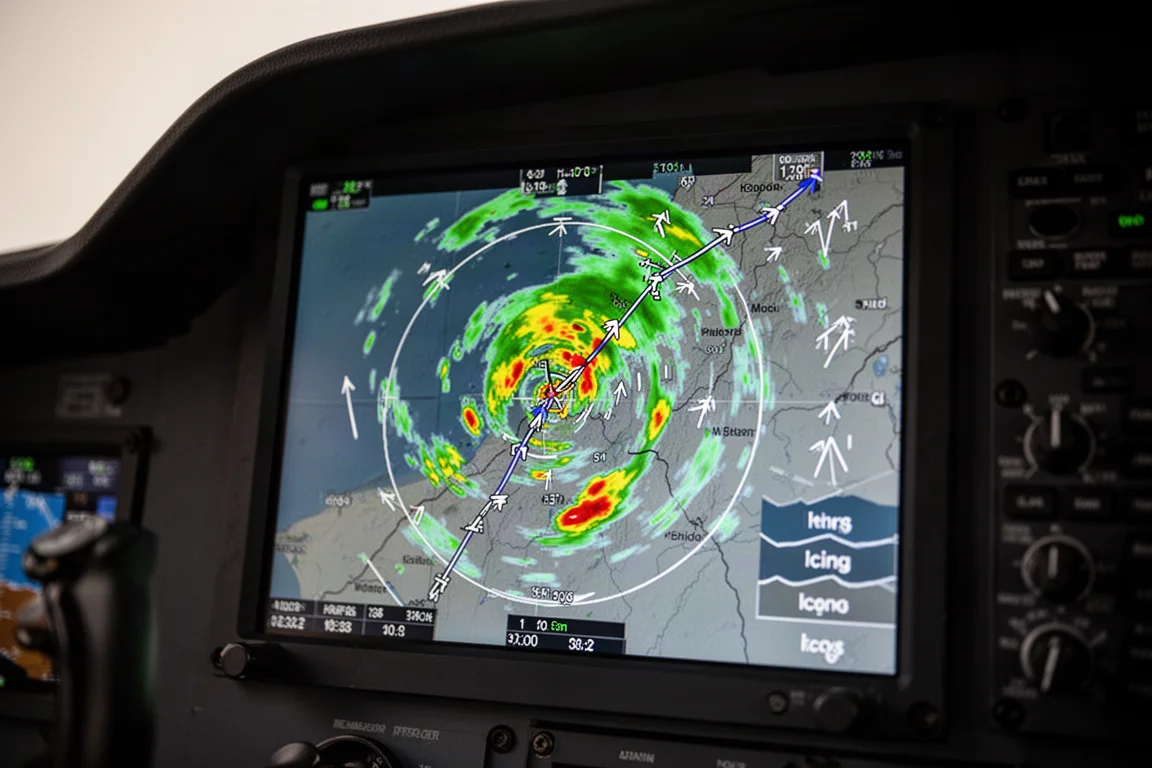 Weather radar overlay displayed on a cockpit navigation screen during flight