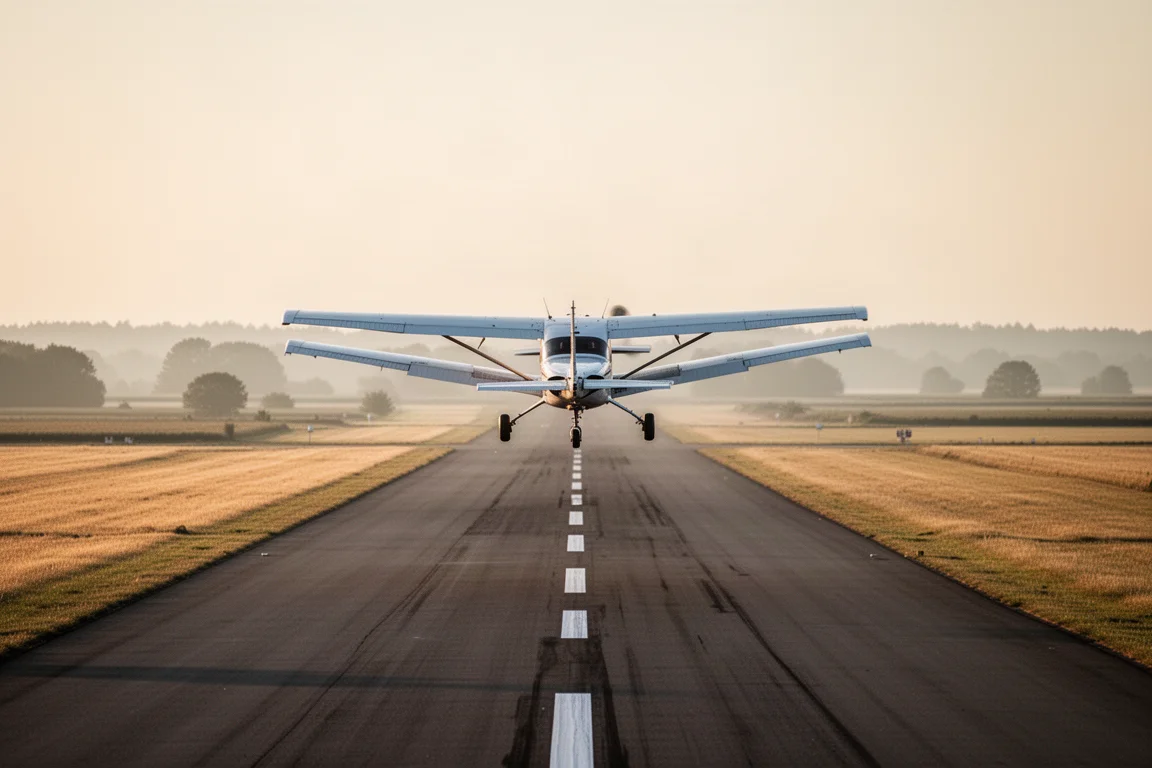 Small aircraft descending on a visual approach at golden hour