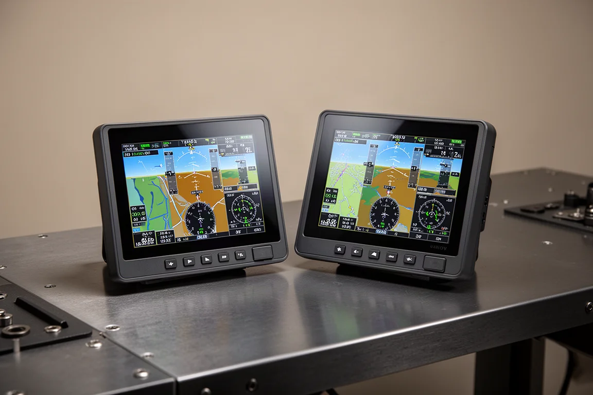 Two aviation GPS navigator units on a brushed metal workbench