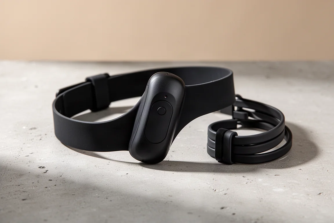 Fascia toracica Garmin HRM 200 con pod trasmettitore su una superficie di cemento