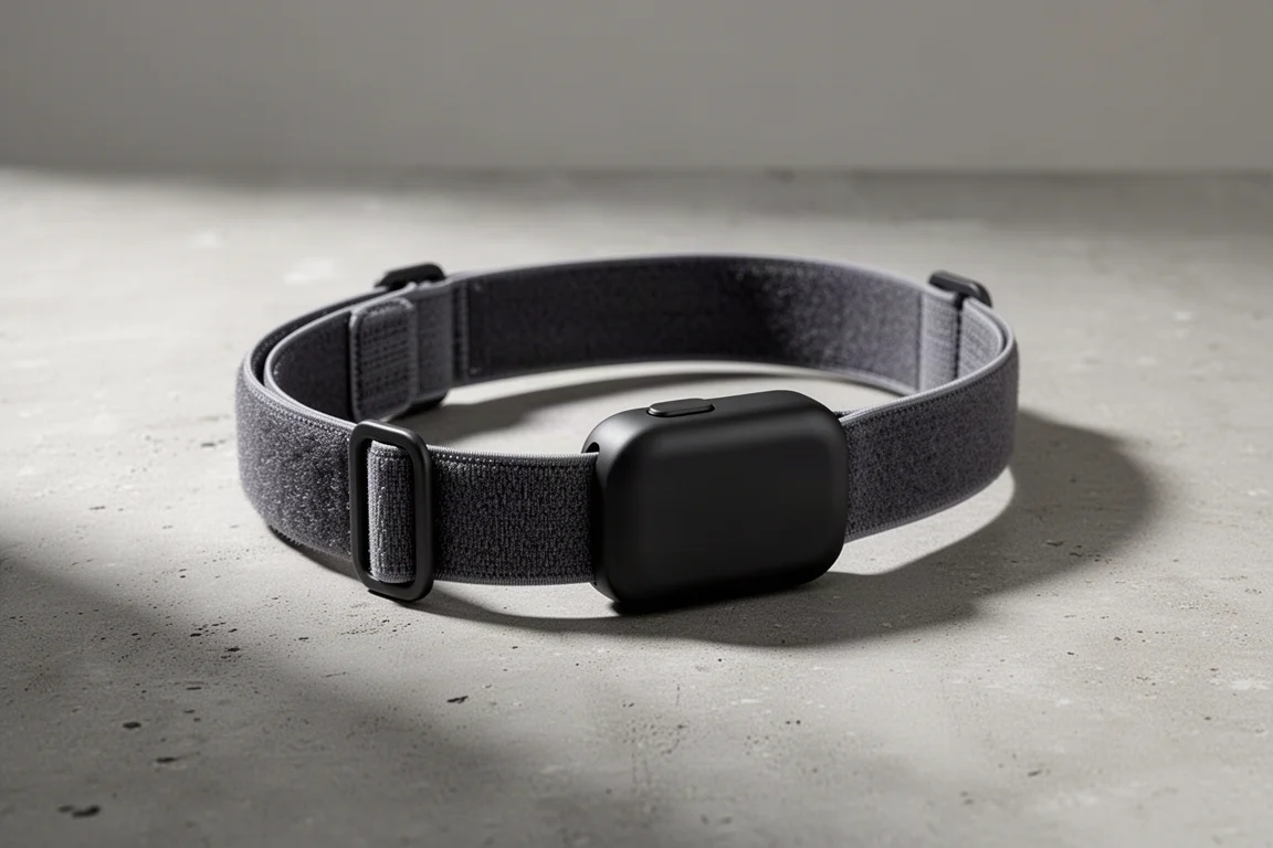 Garmin HRM 600 胸帶式心率監測帶，感應器主機置於混凝土表面